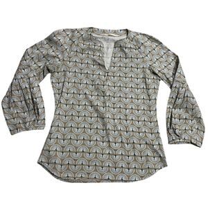 Herion Top Split Neck Long Sleeve Peacock Blouse Womens Sz 42 Medium Tan Italy